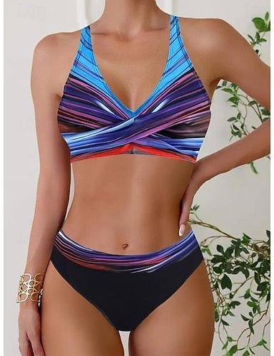 Swimwear Bikini 2 Piece Cheeky Swimsuit Backless Slim Vacation Beach Wear Color Block V Neck Sleeveless Bathing Suits
