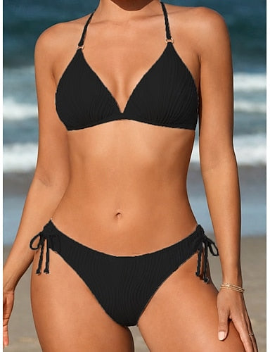 Swimwear Bikini 2 Piece Briefs Swimsuit Backless Vacation Beach Wear Plain Halter Neck Sleeveless Bathing Suits