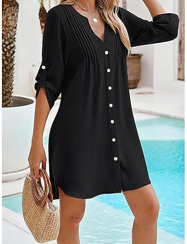 Mini Dress White Dress Beach Dress Black Dress Cover Up Classic Daily Outdoor Beach Regular Fit Plain Long Sleeve V Neck Black White Rose Red Summer Spring