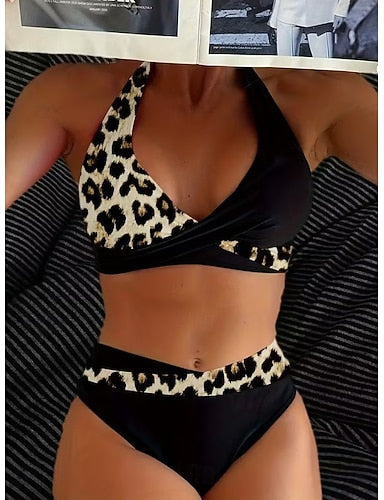 Bikini 2 Piece Swimsuit Leopard Stylish Graphic Sleeveless Bathing Suits