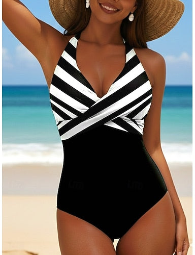 One Piece Swimsuit Slimming Colorblock Monokini High Cut Tummy Control High Waist Slim Backless Vacation Ombre Graphic V Neck Sleeveless Bathing Suits