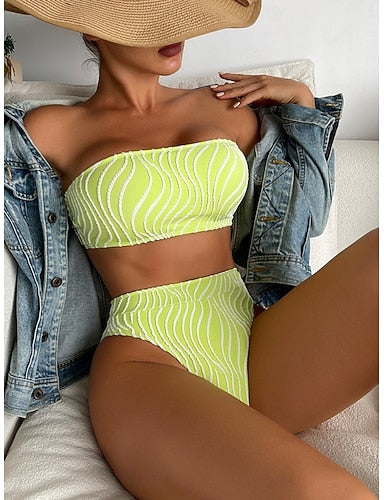 Swimwear Bikini 2 Piece Briefs Swimsuit Slim Backless Vacation Beach Wear Stripe Strapless Sleeveless Bathing Suits