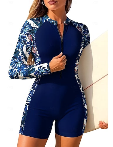 Standard Rash Guard One Piece Surfing Suit Bathing Suit Tropical Color-blocking Zip Up With Built in Bra Removable Pad Uv Sun Protection Upf50+ Ultra Light (ul) Long Sleeve Swimwear