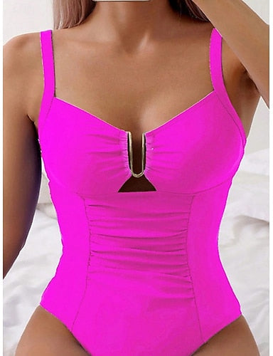 One Piece Swimsuit Slimming Ruched Underwire Monokini Tummy Control High Waist Slim Backless Vacation Beach Wear Color V Neck Sleeveless Bathing Suits