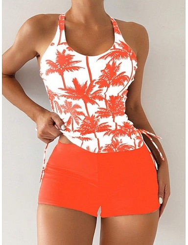 Tankini 2 Piece Swimsuit Palm Boy Leg Tummy Control High Waist Slim Backless Vacation Beach Wear Graphic U Neck Sleeveless Bathing Suits