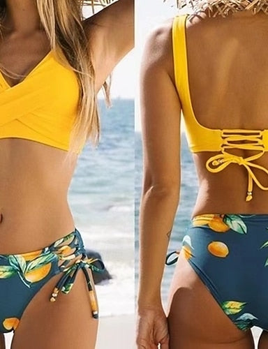 Bikini 2 Piece Swimsuit Tie Side Slim Backless Vacation Beach Wear V Neck Sleeveless Bathing Suits