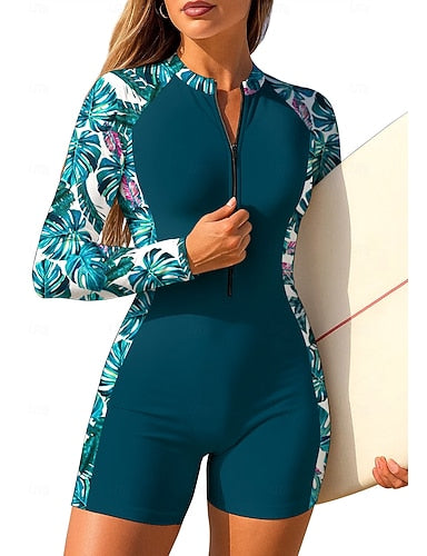 Standard Rash Guard One Piece Surfing Suit Bathing Suit Tropical Color-blocking Zip Up With Built in Bra Removable Pad Uv Sun Protection Upf50+ Ultra Light (ul) Long Sleeve Swimwear