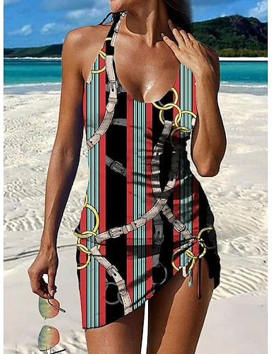 Swimwear Tankini Skirt Swimsuit Vacation Graphic V Neck Sleeveless Bathing Suits