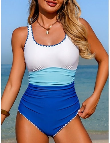 Swimwear One Piece Monokini Swimsuit Tummy Control High Waist Slim Backless Vacation Beach Wear Color Block Scoop Neck Sleeveless Bathing Suits
