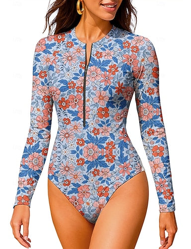 Standard Rash Guard Bathing Suit One Piece Swimsuit Tropical Color-blocking Zip Up With Built in Bra Upf50+ Uv Protection Stretchy Long Sleeve Swimwear Bodysuit Surfing Beach Water