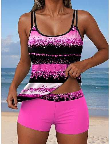 Tankini 2 Piece Swimsuit Shorts Backless Vacation Beach Wear Graphic Geometric U Neck Sleeveless Bathing Suits