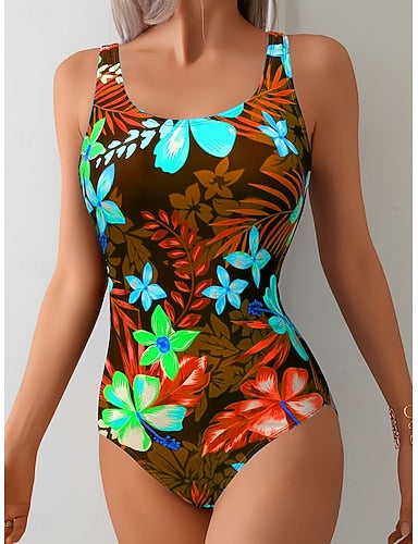 Swimwear One Piece High Cut Swimsuit Beach Wear Summer Graphic U Neck Sleeveless Bathing Suits