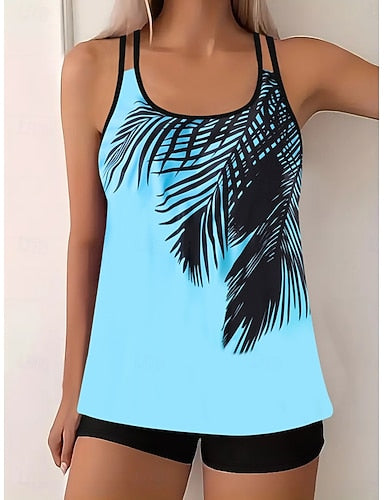 Tankini 2 Piece Swimsuit Palm Boy Leg Tummy Control High Waist Slim Backless Vacation Beach Wear Leaves U Neck Sleeveless Bathing Suits