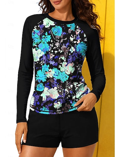 Regular Rash Guard Swimsuit Rash Guard Print Swimsuit Tropical Color-blocking 2 Piece Removable Pad Boyleg Uv Sun Protection Upf50+ Elastic Long Sleeve Swimwear Sun Shirt