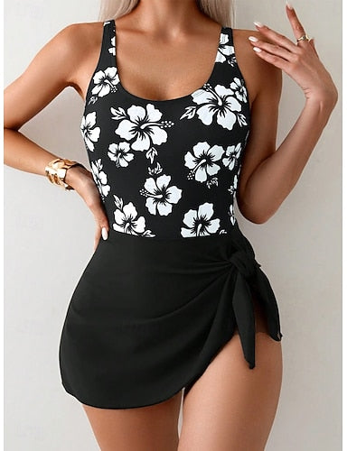 One Piece Swimsuit With Skirt Monokini High Cut Tummy Control High Waist Slim Backless Vacation Graphic U Neck Sleeveless Bathing Suits