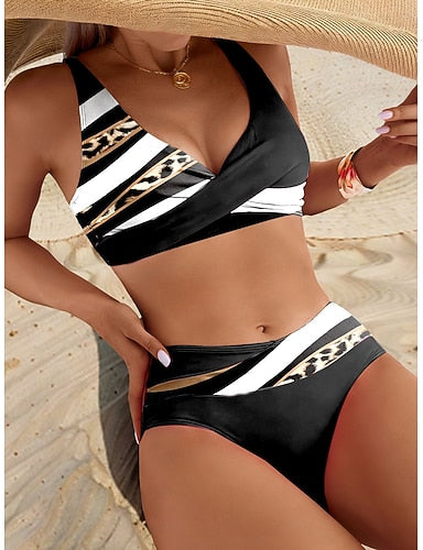 Swimwear Bikini Cheeky Swimsuit Vacation Graphic Striped V Neck Sleeveless Bathing Suits
