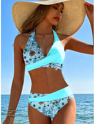 Bikini 2 Piece Swimsuit Ruched Cheeky Vacation Graphic V Neck Sleeveless Bathing Suits