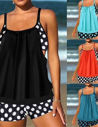 Tankini Two Piece Swimsuit Racerback Swimwear Spot Swimwear Black Red Breathable Quick Dry Lightweight Sleeveless - Swimming Surfing Beach Summer Spring
