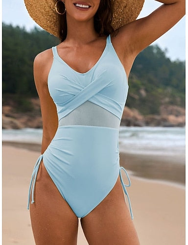 One Piece Swimsuit Slimming Ruched Cutout Monokini Mesh Tummy Control High Waist Slim Backless Vacation Beach Wear Color V Neck Sleeveless Bathing Suits