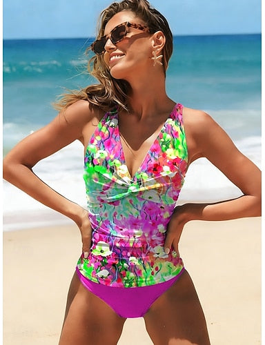 Tankini 2 Piece Swimsuit Slimming Ruched Shorts Lace Up Backless Vacation Beach Wear Ombre V Neck Sleeveless Bathing Suits