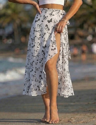 Vacation Skirt Midi Mid Waist Skirts Graphic Ruffle Inelastic Beach Light Pink Apricot White / Black Dark Pink Summer Chiffon