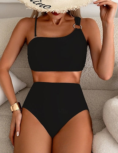 Bikini 2 Piece Swimsuit Cheeky Slim Backless Vacation Color Halter Neck Sleeveless Bathing Suits