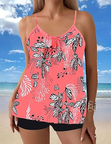Swimwear 2 Piece Shorts Swimsuit Backless Vacation Beach Wear Graphic U Neck Sleeveless Bathing Suits