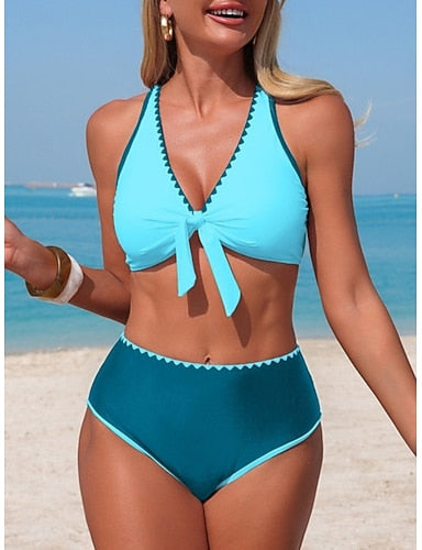 Swimwear One Piece Monokini High Waist Swimsuit Tummy Control High Waist Slim Backless Vacation Beach Wear Color V Neck Sleeveless Bathing Suits
