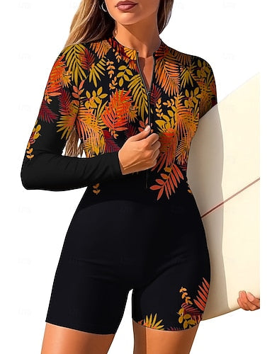 Rash Guard One Piece Surfing Suit Bathing Suit Tropical Color-blocking Zip Up With Built in Bra Removable Pad Uv Sun Protection Upf50+ Ultra Light (ul) Long Sleeve Swimwear Sun Shirt