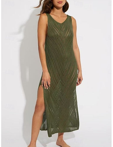Swimwear Cover Up Swim Dress Swimsuit Cut Out Vacation Beach Wear Color V Neck Sleeveless Bathing Suits