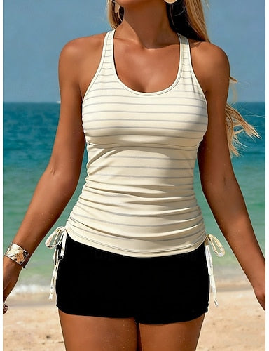 Swimwear Tankini 2 Piece High Waist Swimsuit Tummy Control High Waist Slim Backless Vacation Beach Wear Striped U Neck Sleeveless Bathing Suits