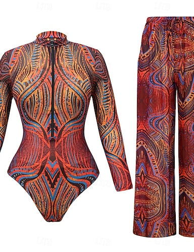 Swimwear One Piece Monokini Swimsuit Tummy Control High Waist Slim Backless Vacation Beach Wear Round Neck Long Sleeve Bathing Suits
