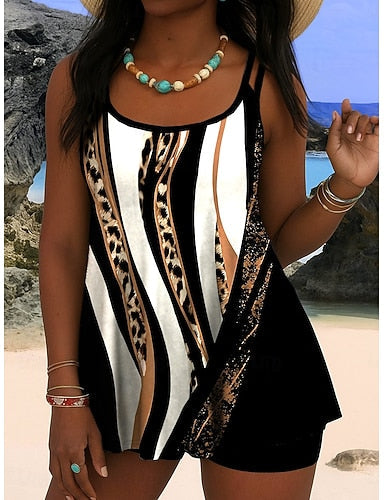 Tankini 2 Piece Swimsuit Palm High Waist Backless Vacation Beach Wear Graphic Geometic U Neck Sleeveless Bathing Suits