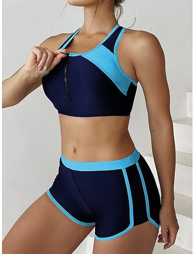 Tankini 2 Piece Swimsuit Colorblock Shorts Backless Tummy Control High Waist Slim Vacation Beach Wear Color Block U Neck Sleeveless Bathing Suits