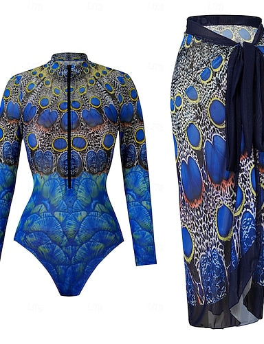 One Piece Swimsuit Slimming With Skirt Monokini Skirt Tummy Control High Waist Slim Backless Vacation Beach Wear Graphic Color Block Round Neck Long Sleeve Bathing Suits