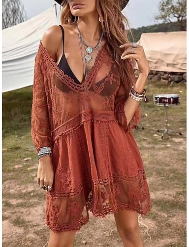Cover Up Swimsuit Dress Lace Patchwork Vacation Beach Wear Color V Neck Long Sleeve Bathing Suits