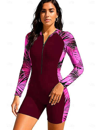 Rash Guard Dive Skin Suit Bathing Suit Swimsuit Set Tropical Zip Up Removable Pad Front Zip Uv Sun Protection Upf50+ Ultra Light (ul) Long Sleeve Swimwear Sun Shirt Surfing Beach Water Sports