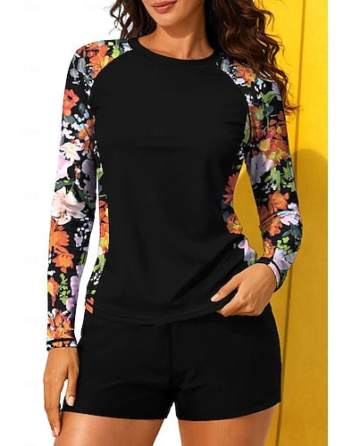 Regular Rash Guard Swimsuit Rash Guard Print Swimsuit Tropical Color-blocking 2 Piece Removable Pad Boyleg Uv Sun Protection Upf50+ Elastic Long Sleeve Swimwear Sun Shirt