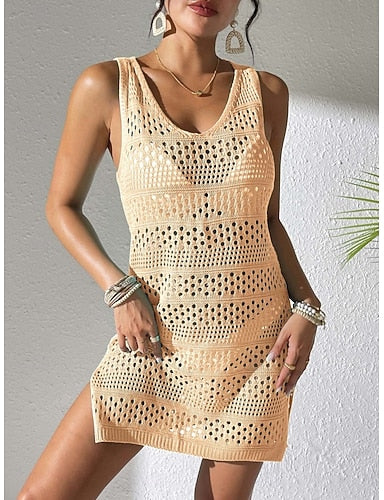 Cover Up Swimsuit Dress Cut Out Vacation Beach Wear Color V Neck Sleeveless Bathing Suits