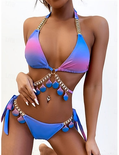 Bikini 2 Piece Swimsuit Cheeky Slim Backless Vacation Beach Wear Ombre Halter Neck Sleeveless Bathing Suits