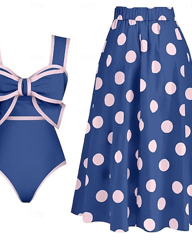 One Piece Swimsuit Monokini Skirt Tummy Control High Waist Slim Backless Vacation Beach Wear Polka Dot V Neck Sleeveless Bathing Suits