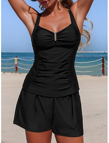 Swimwear Tankini 2 Piece Shorts Swimsuit Tummy Control High Waist Slim Backless Vacation Beach Wear Color V Neck Sleeveless Bathing Suits