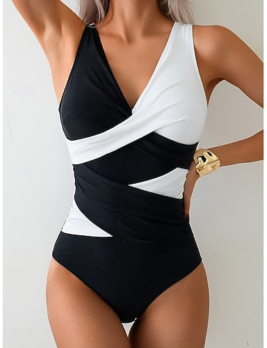 One Piece Swimsuit Slimming Ruched Colorblock Monokini High Cut Tummy Control High Waist Slim Backless Vacation Graphic V Neck Sleeveless Bathing Suits