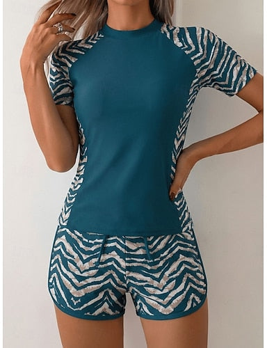 Swimwear Tankini 2 Piece Shorts Swimsuit Tummy Control High Waist Slim Backless Vacation Beach Wear Graphic High Neck Short Sleeves Bathing Suits