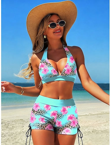 Bikini 2 Piece Swimsuit High Waist Backless Vacation Beach Wear Graphic V Neck Sleeveless Bathing Suits