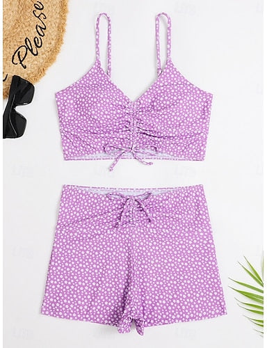 Tankini 2 Piece Swimsuit Ruched Shorts Tummy Control High Waist Slim Backless Vacation Beach Wear Graphic V Neck Sleeveless Bathing Suits