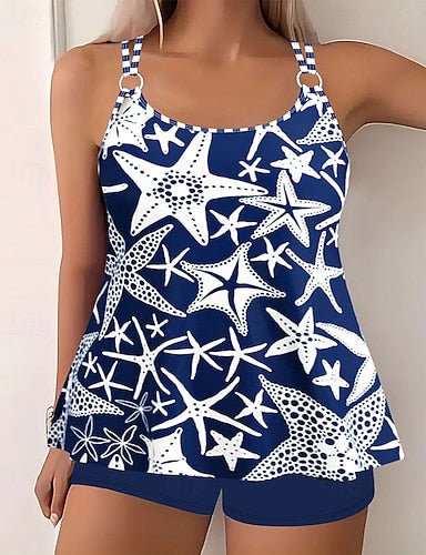 Swimwear 2 Piece Shorts Swimsuit Backless Vacation Beach Wear Graphic Round Neck Sleeveless Bathing Suits