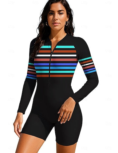Rash Guard Dive Skin Suit Bathing Suit Swimsuit Set Stripes Geometry Zip Up Removable Pad Front Zip Uv Sun Protection Upf50+ Ultra Light (ul) Long Sleeve Swimwear Sun Shirt Surfing Beach