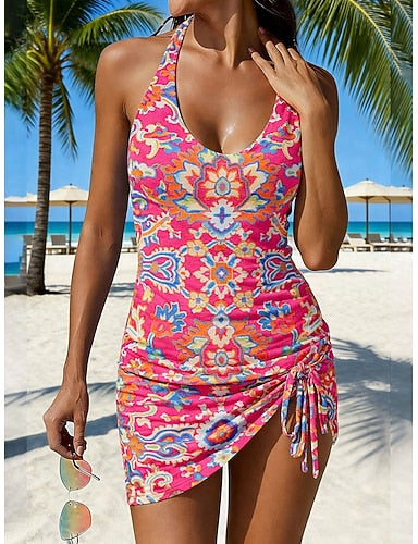 Swimwear Tankini Skirt Swimsuit Drawstring Vacation Graphic V Neck Sleeveless Bathing Suits
