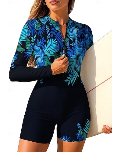 Rash Guard One Piece Surfing Suit Bathing Suit Tropical Color-blocking Zip Up With Built in Bra Removable Pad Uv Sun Protection Upf50+ Ultra Light (ul) Long Sleeve Swimwear Sun Shirt